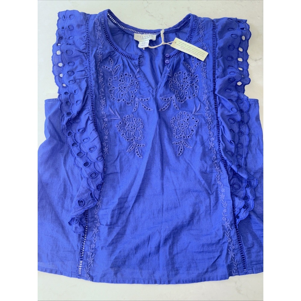 Calypso St. Barth Royal Blue Embroidered Ruffle Sleeve Blouse